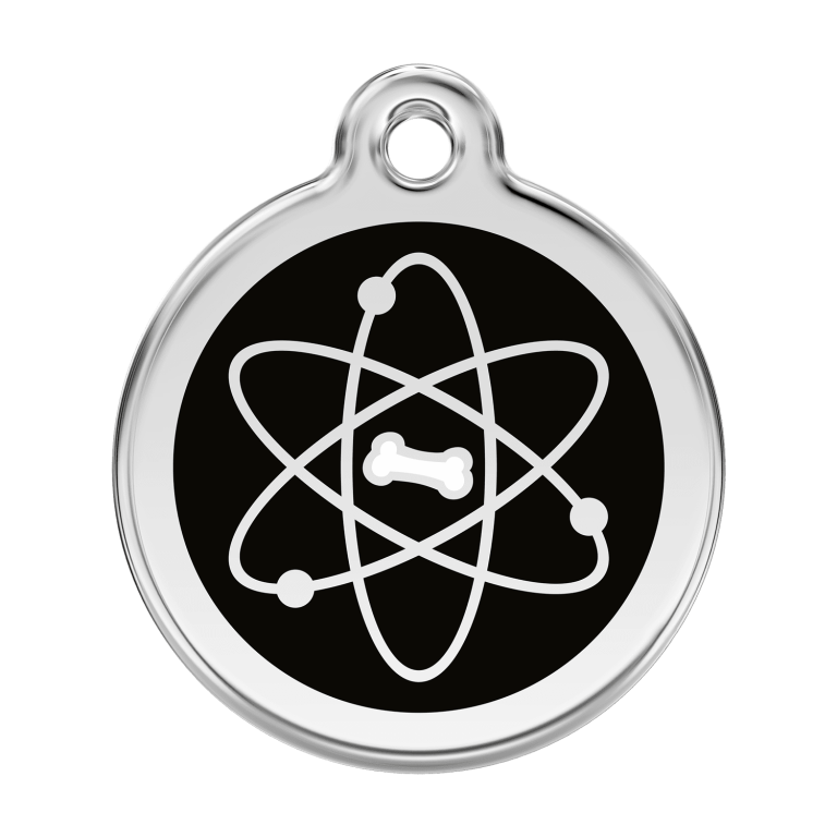 Vue avant - Médaille personnalisable pour chien - Red Dingo Émail et acier inoxydable - Motif Atome - Noir - Größe L