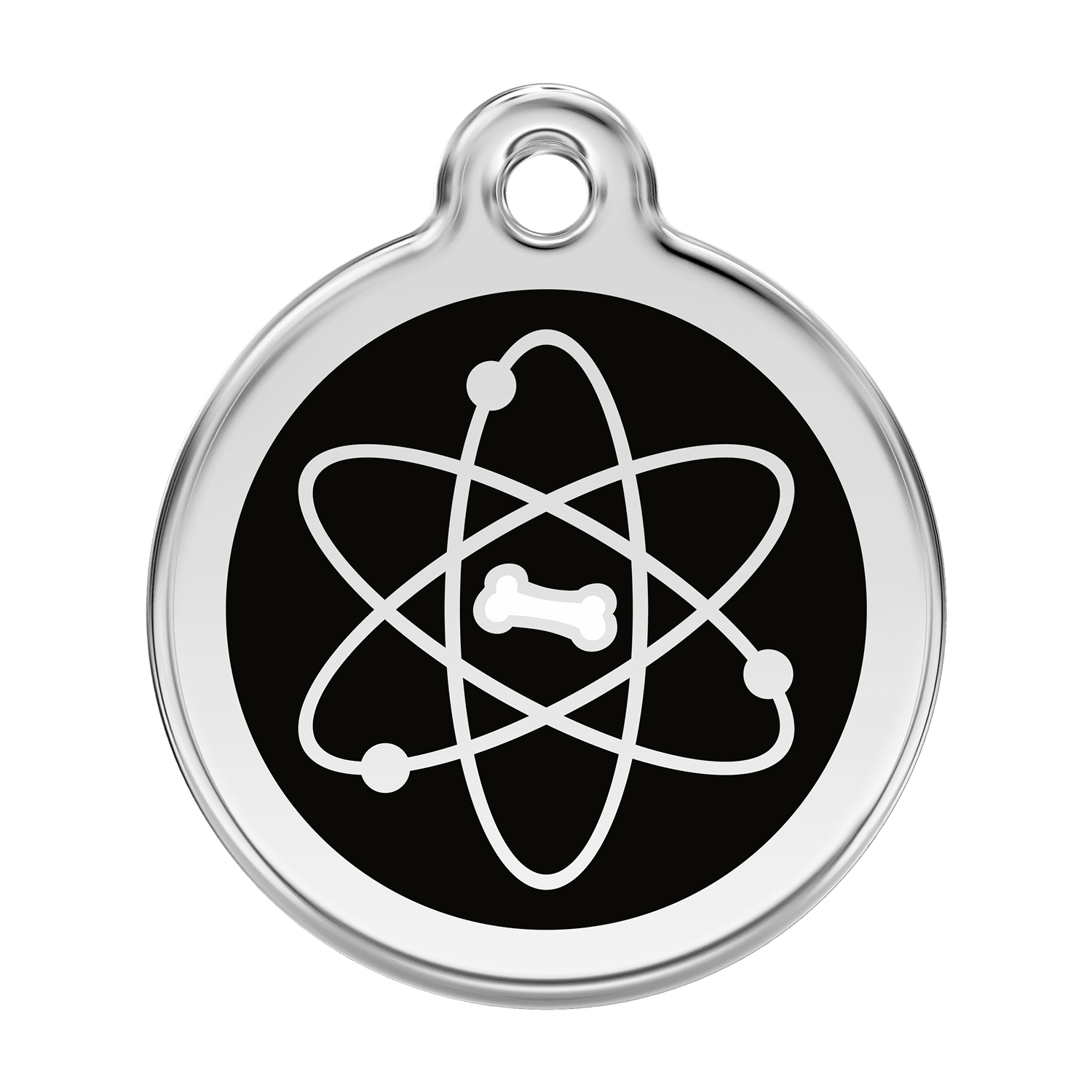 Vue avant - Médaille personnalisable pour chien - Red Dingo Émail et acier inoxydable - Motif Atome - Noir - Größe L