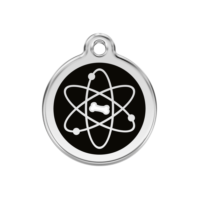 Vue avant - Médaille personnalisée pour chien ou chat Red Dingo Émail et acier inoxydable - Motif Atome - Noir - Größe M