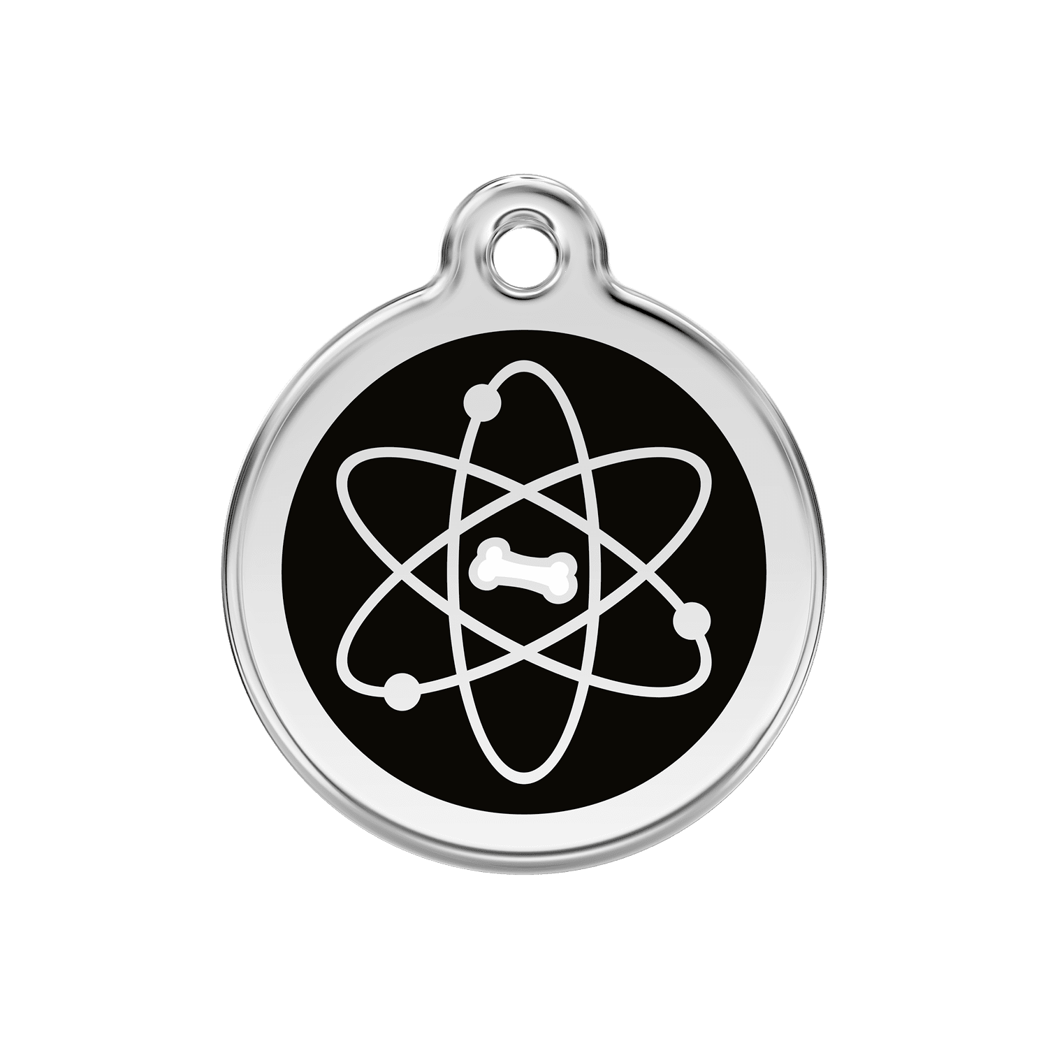 Vue avant - Médaille personnalisée pour chien ou chat Red Dingo Émail et acier inoxydable - Motif Atome - Noir - Größe M