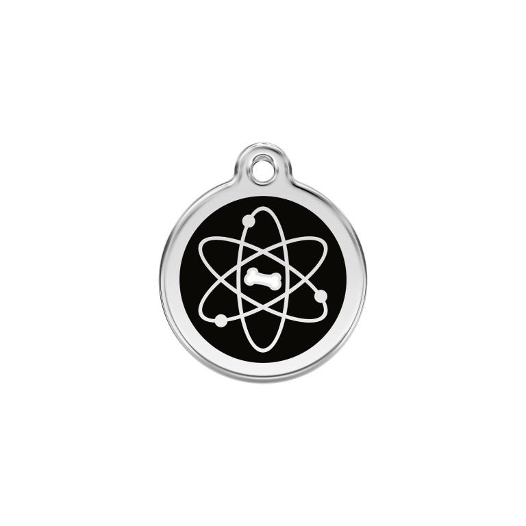 Vue avant - Médaille personnalisable en émail et acier inoxydable pour chat - Red Dingo - Atome Noir - Größe S
