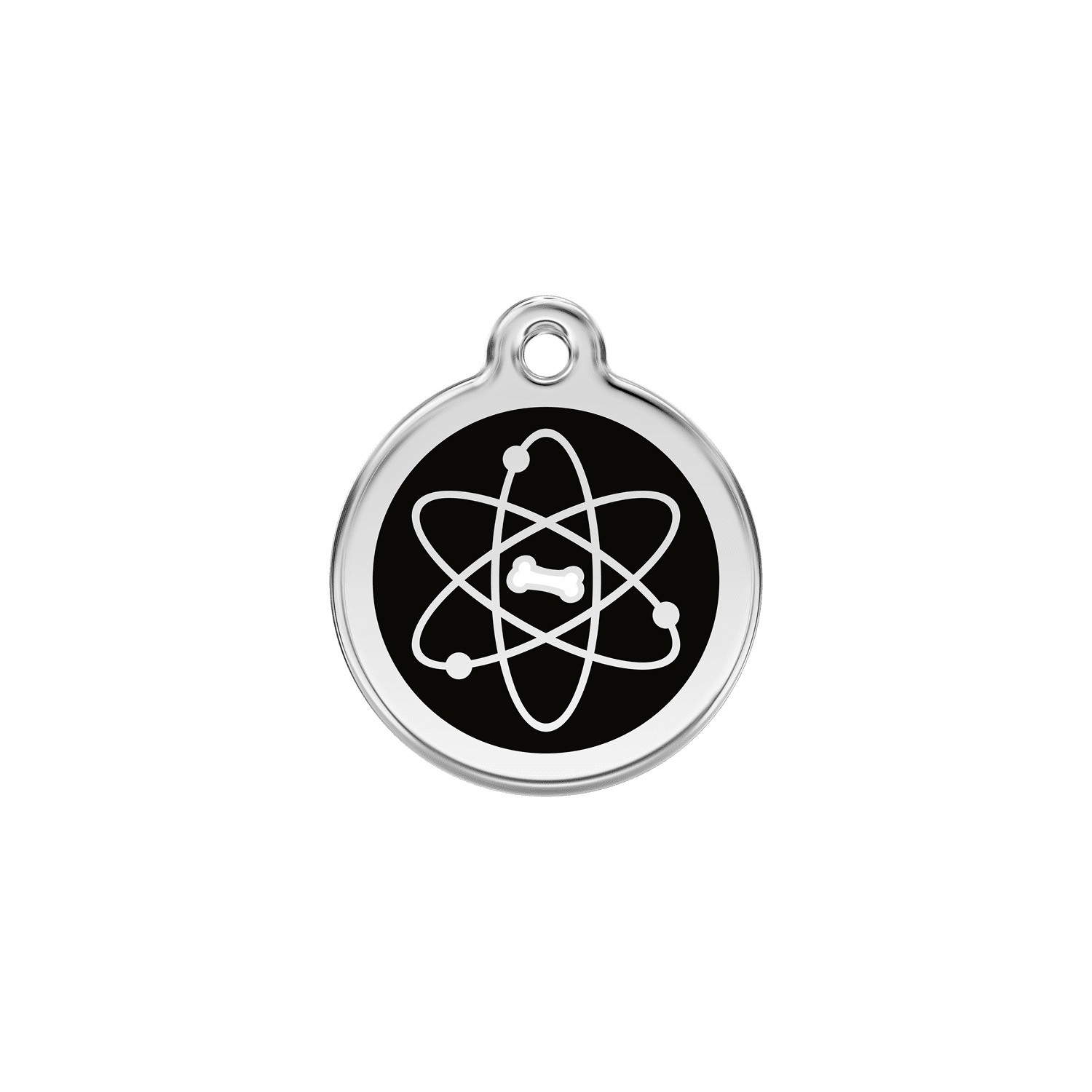 Vue avant - Médaille personnalisable en émail et acier inoxydable pour chat - Red Dingo - Atome Noir - Größe S