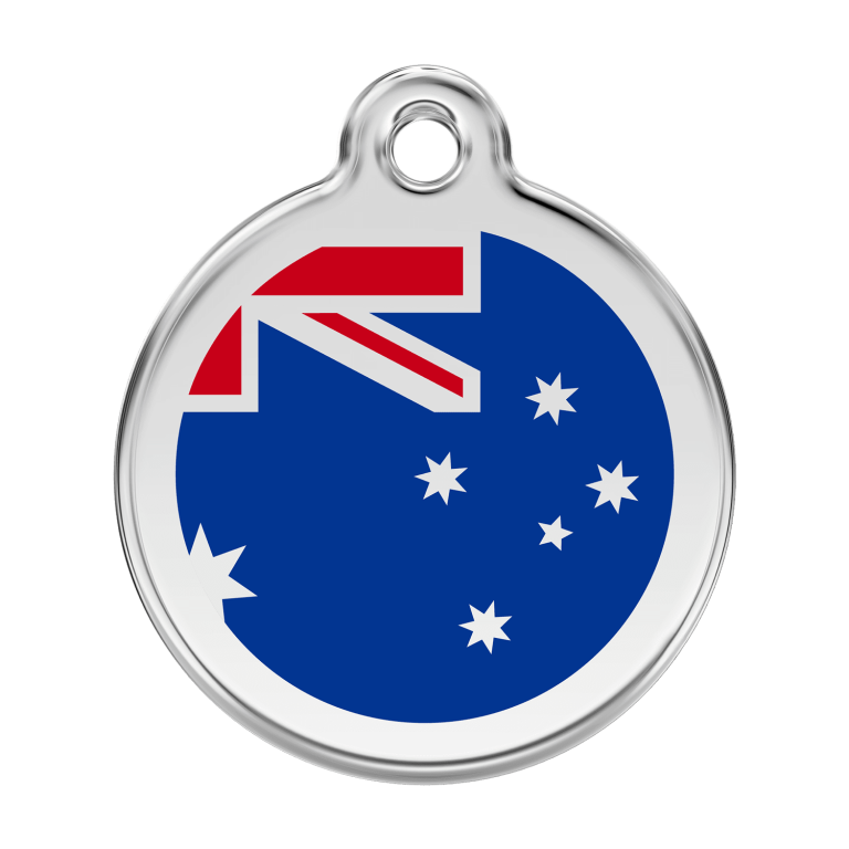 Vue avant - Médaille personnalisée pour chien Red Dingo Émail et acier inoxydable Drapeau australien Bleu foncé - Größe L