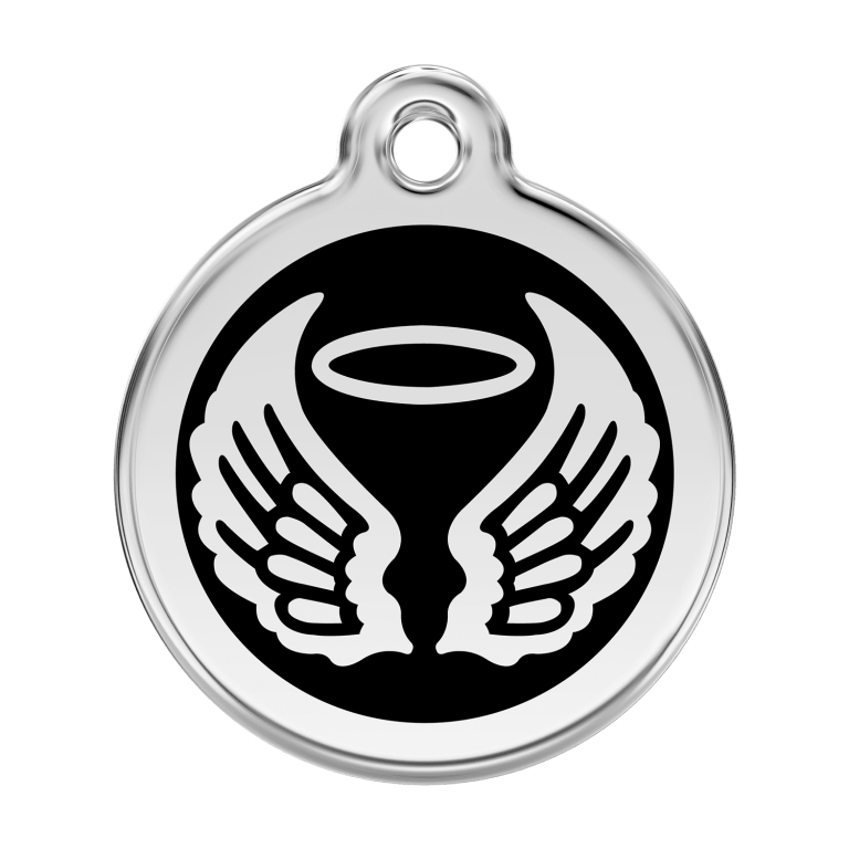 Vue avant - Médaille personnalisable pour chien Red Dingo Émail et acier inoxydable - Ailes d'anges - Noir - Größe L