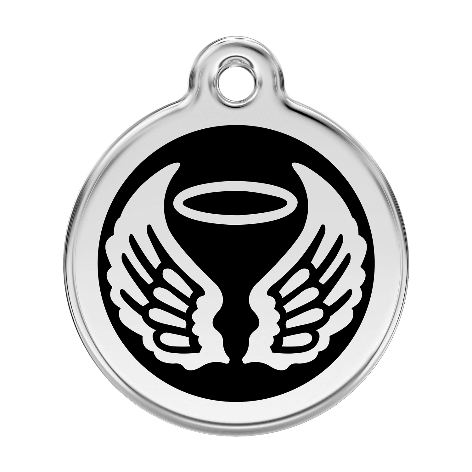 Vue avant - Médaille personnalisable pour chien Red Dingo Émail et acier inoxydable - Ailes d'anges - Noir - Größe L