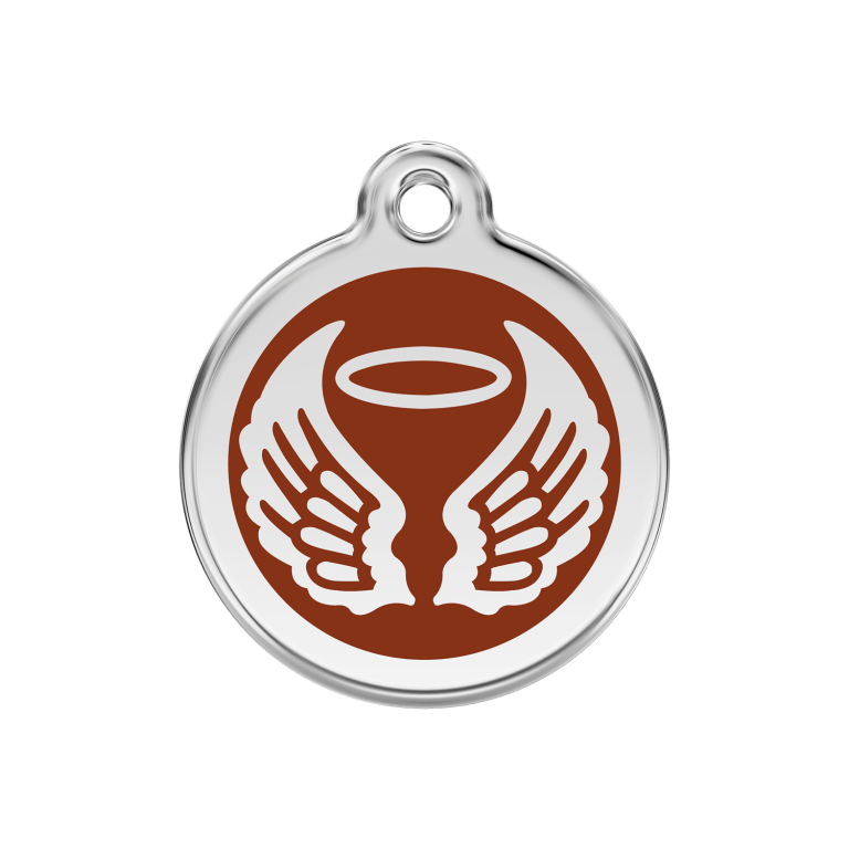 Vue avant - Médaille personnalisée pour chien Red Dingo Émail et acier inoxydable - Ailes d'anges - Brun - Größe M
