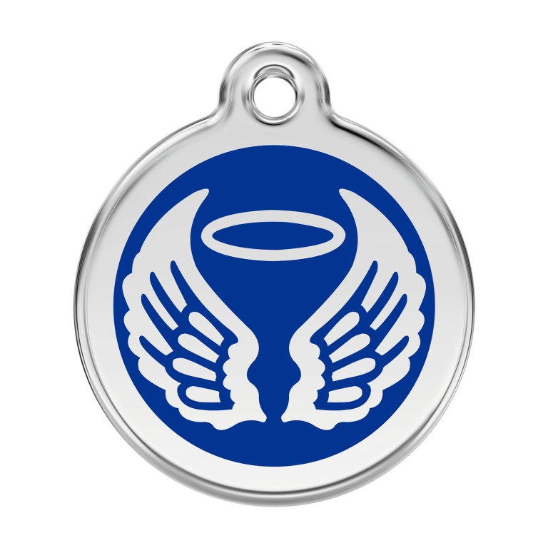 Vue avant - Médaille personnalisable pour chien Red Dingo Émail et acier inoxydable - Ailes d'anges - Bleu foncé - Größe L