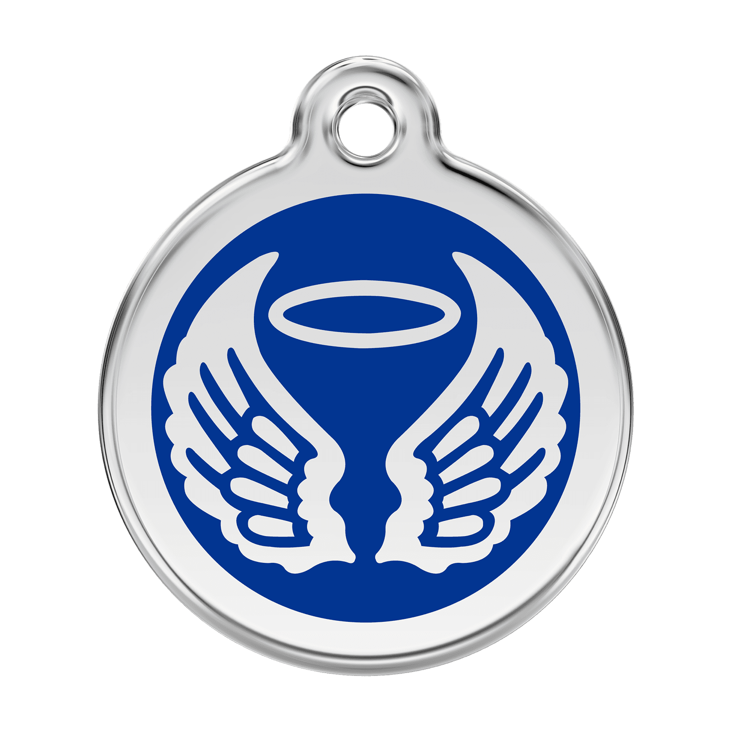 Vue avant - Médaille personnalisable pour chien Red Dingo Émail et acier inoxydable - Ailes d'anges - Bleu foncé - Größe L