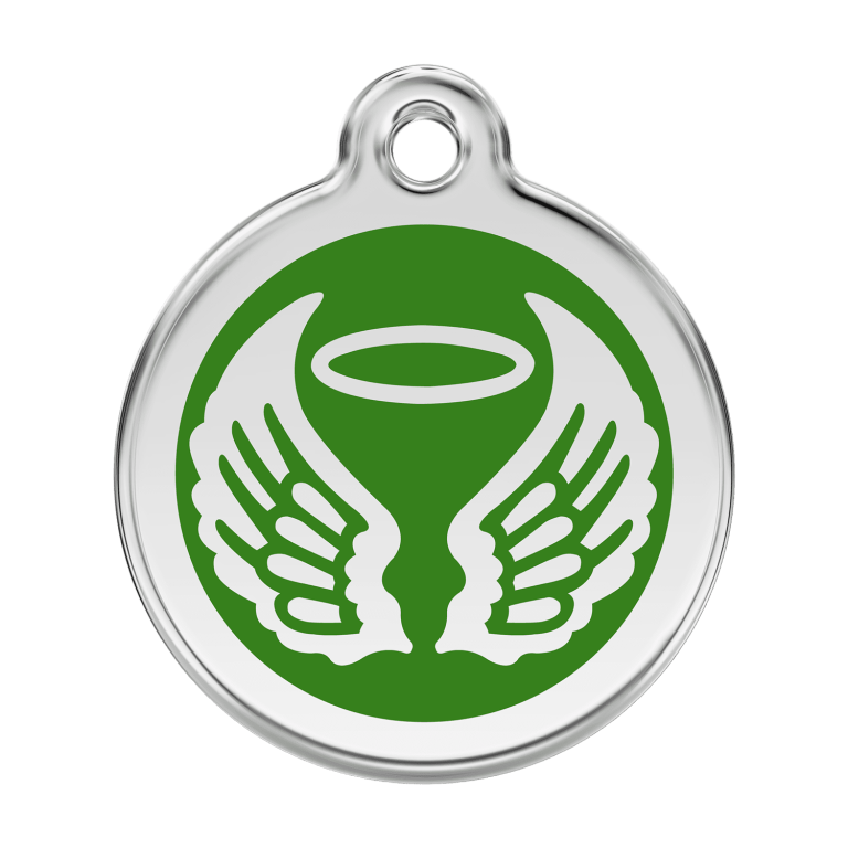 Vue avant - Médaille personnalisée pour chien Red Dingo Émail et acier inoxydable - Ailes d'anges - Vert - Größe L