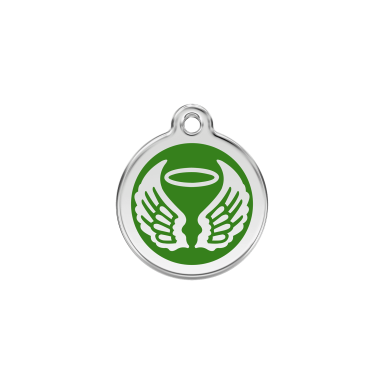 Vue avant - Médaille personnalisable pour chien/chat Red Dingo Émail/Acier inoxydable - Ailes d'anges Vert - Größe S