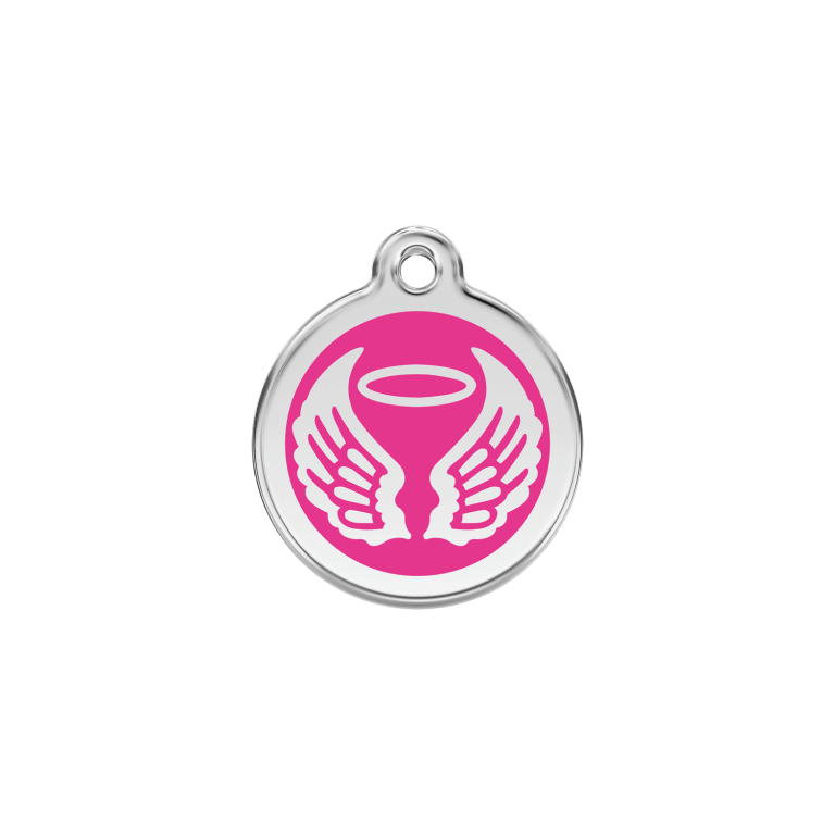 Vue avant - Médaille personnalisée pour chien/chat Red Dingo Émail/Acier inoxydable Ailes d'anges Rose vif 20.00mm