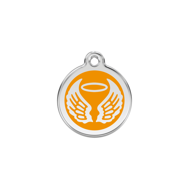 Vue avant - Médaille personnalisée pour chat en émail et acier inoxydable Red Dingo - Ailes d'anges - Orange - Größe S
