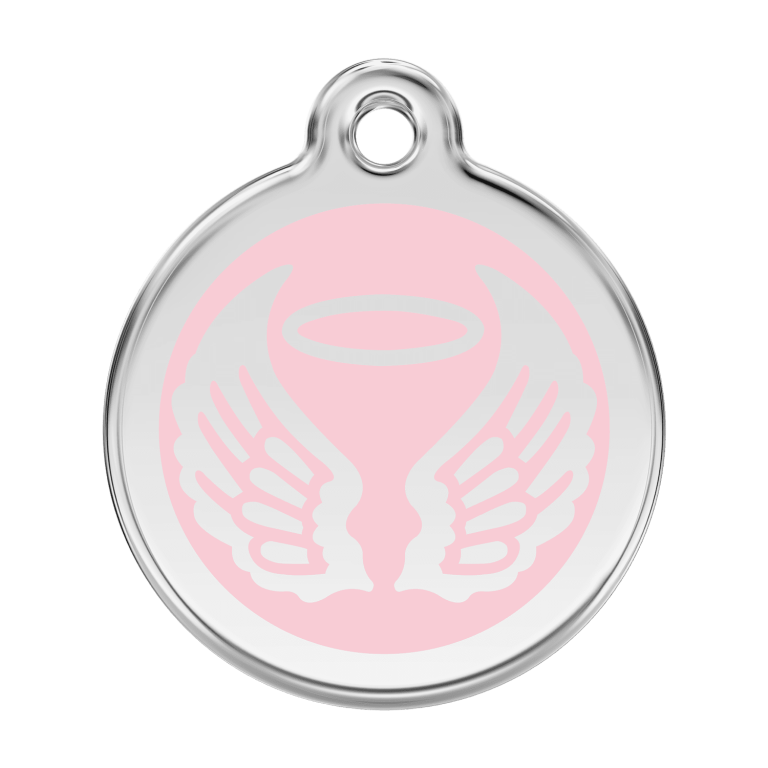 Vue avant - Médaille personnalisée pour chien - Red Dingo Émail et acier inoxydable - Ailes d'anges - Rose - Größe L