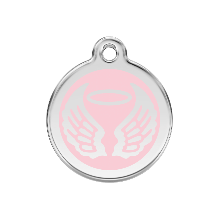 Vue avant - Médaille personnalisée pour chien Red Dingo Émail et acier inoxydable - Ailes d'anges - Rose - Größe M
