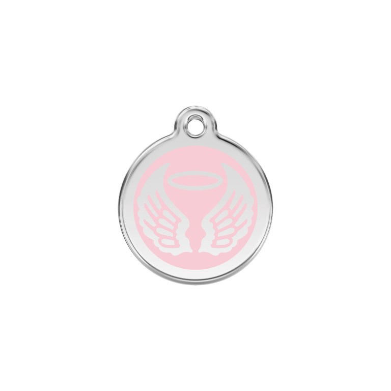 Vue avant - Médaille personnalisable pour chien/chat Red Dingo Émail et acier inoxydable - Ailes d'anges - Rose - Größe S