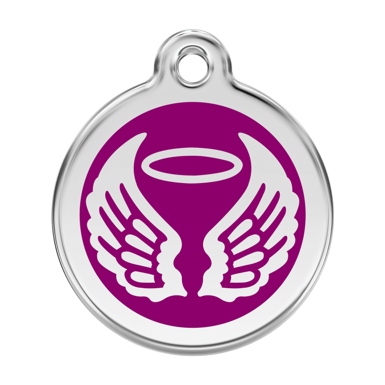 Vue avant - Médaille personnalisée pour chien ou chat - Red Dingo Émail et acier inoxydable - Ailes d'anges violet - Größe L