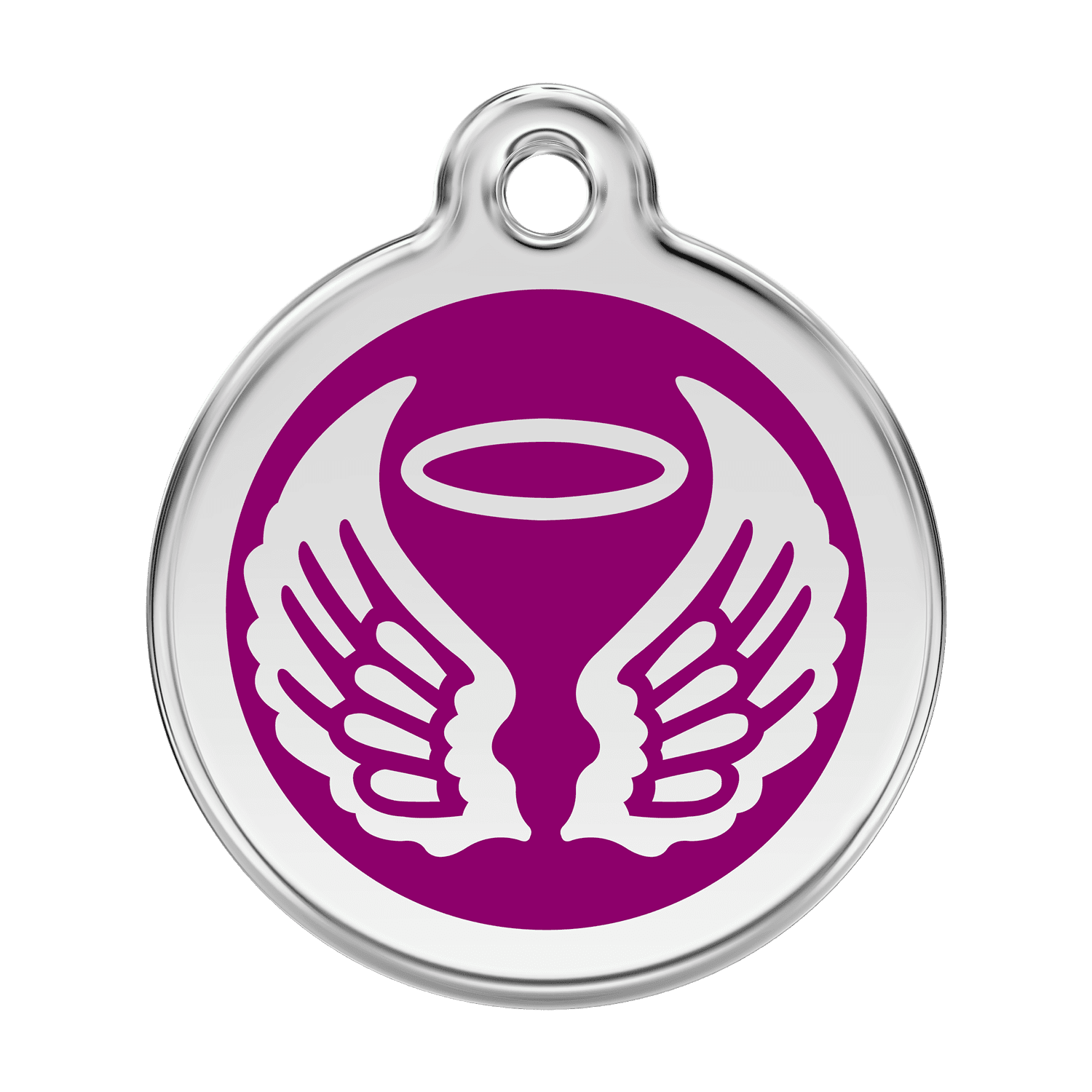 Vue avant - Médaille personnalisée pour chien ou chat - Red Dingo Émail et acier inoxydable - Ailes d'anges violet - Größe L