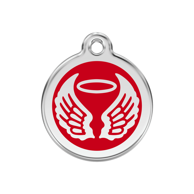 Vue avant - Médaille personnalisée pour chien Red Dingo Émail et acier inoxydable - Ailes d'anges - Rouge - Größe M