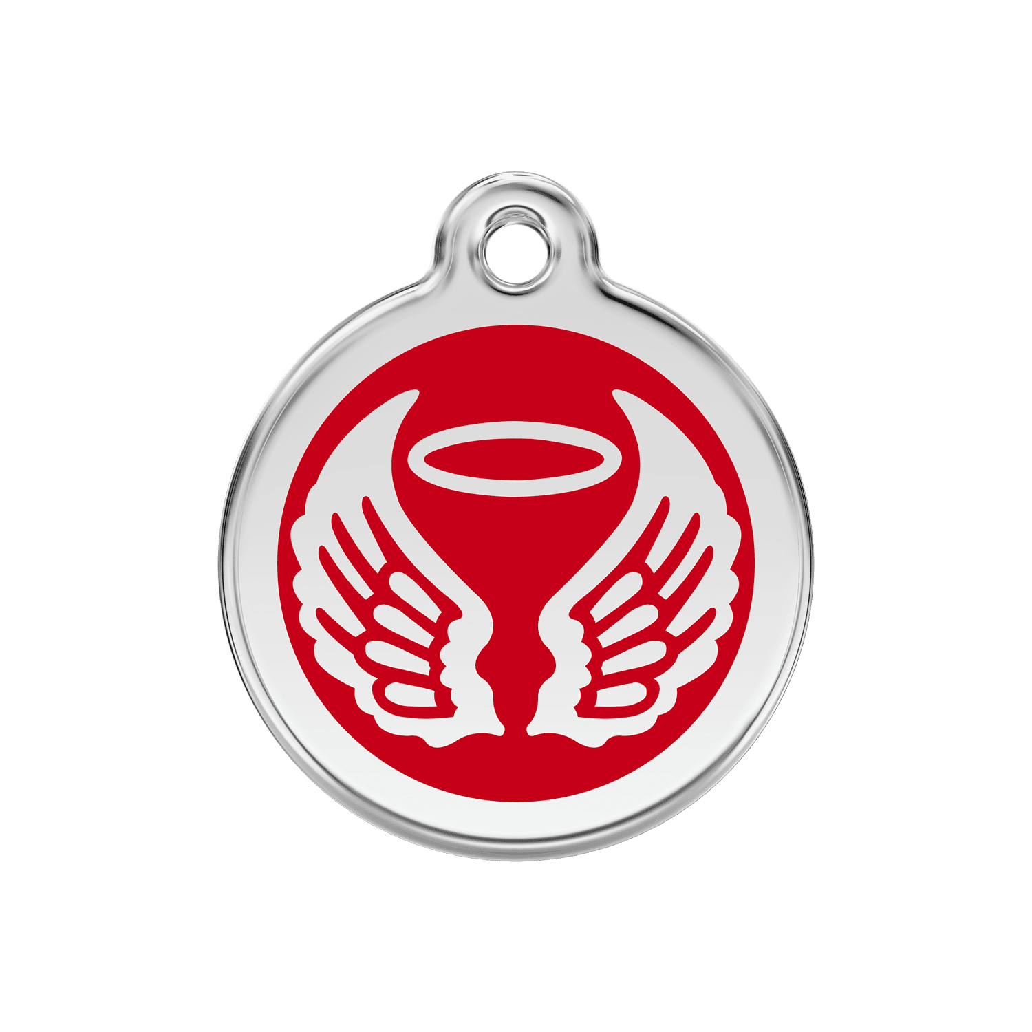 Vue avant - Médaille personnalisée pour chien Red Dingo Émail et acier inoxydable - Ailes d'anges - Rouge - Größe M