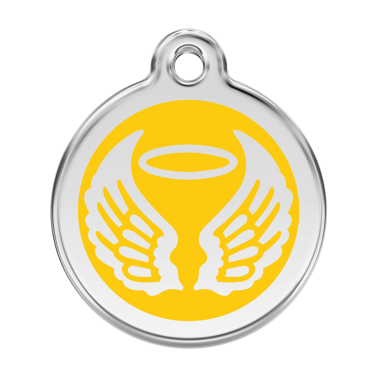 Vue avant - Médaille personnalisable pour chien Red Dingo Émail et acier inoxydable - Ailes d'anges jaunes - Größe L