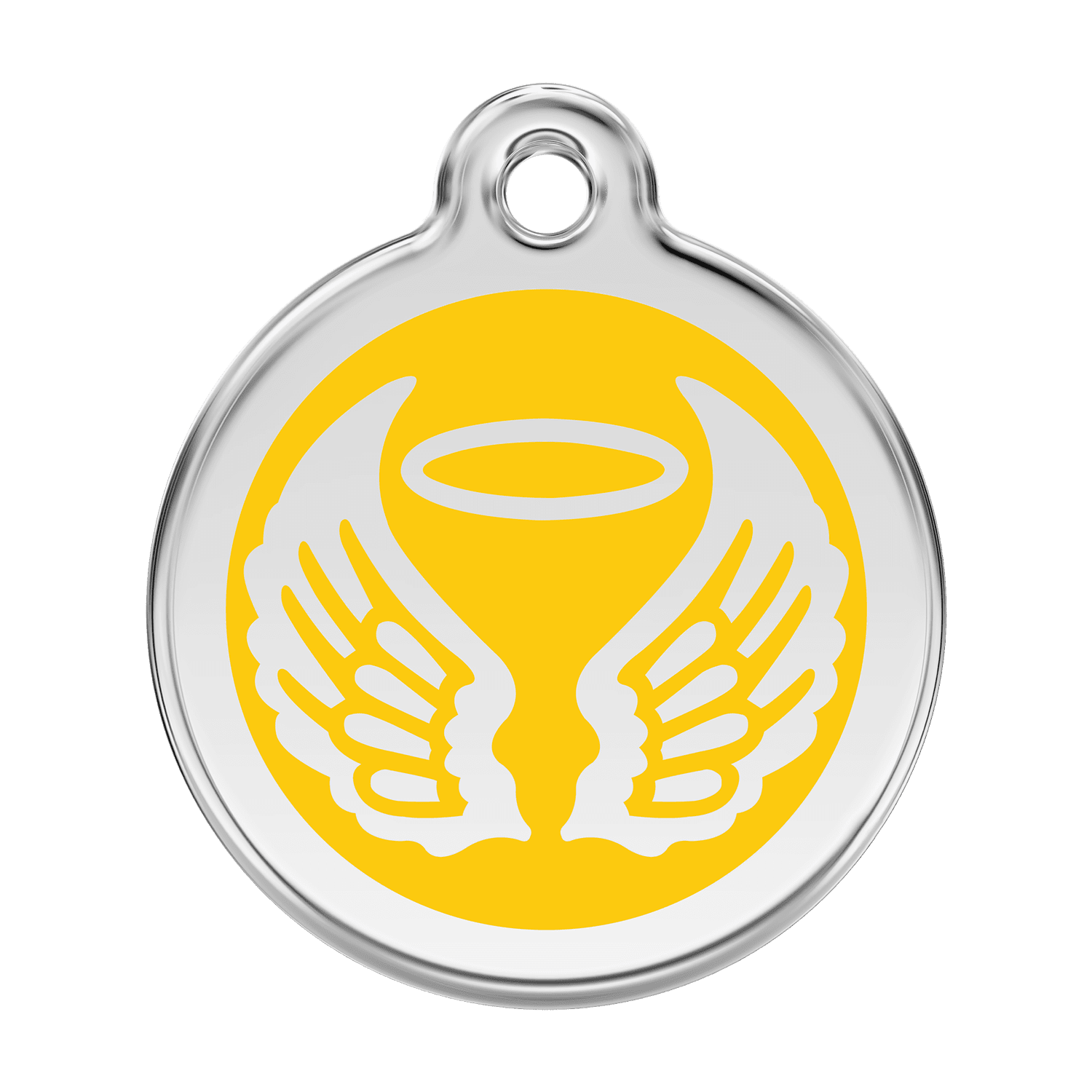 Vue avant - Médaille personnalisable pour chien Red Dingo Émail et acier inoxydable - Ailes d'anges jaunes - Größe L