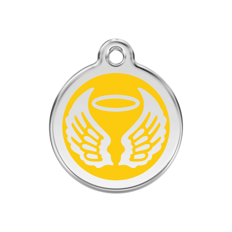 Vue avant - Médaille personnalisée pour chien Red Dingo Émail/Acier Jaune 30mm - Ailes d'anges