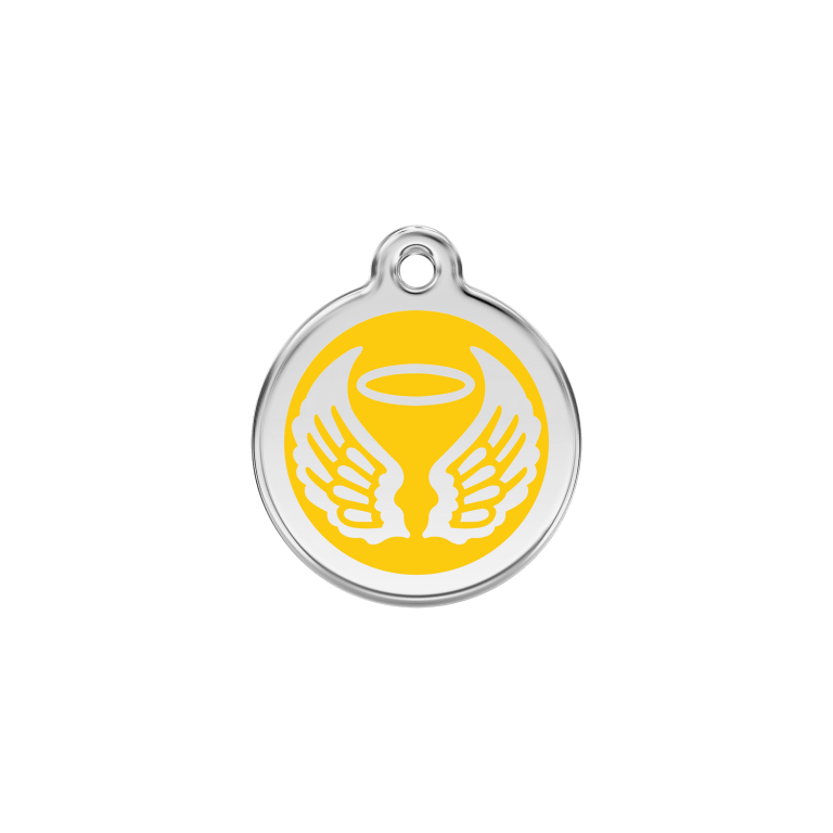 Vue avant - Médaille personnalisée pour chien/chat Red Dingo Émail/Acier inoxydable - Ailes d'anges Jaune - Größe S