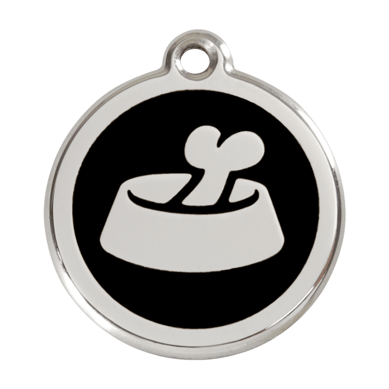 Vue avant - Médaille personnalisée pour chien en émail et acier inoxydable - Red Dingo - Motif os dans un bol - Noir - Größe L