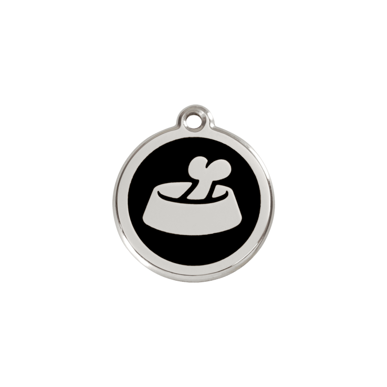 Vue avant - Médaille personnalisable Red Dingo Émail/Acier inoxydable Os dans un bol Noir S 20.00 - Pour chien/chat