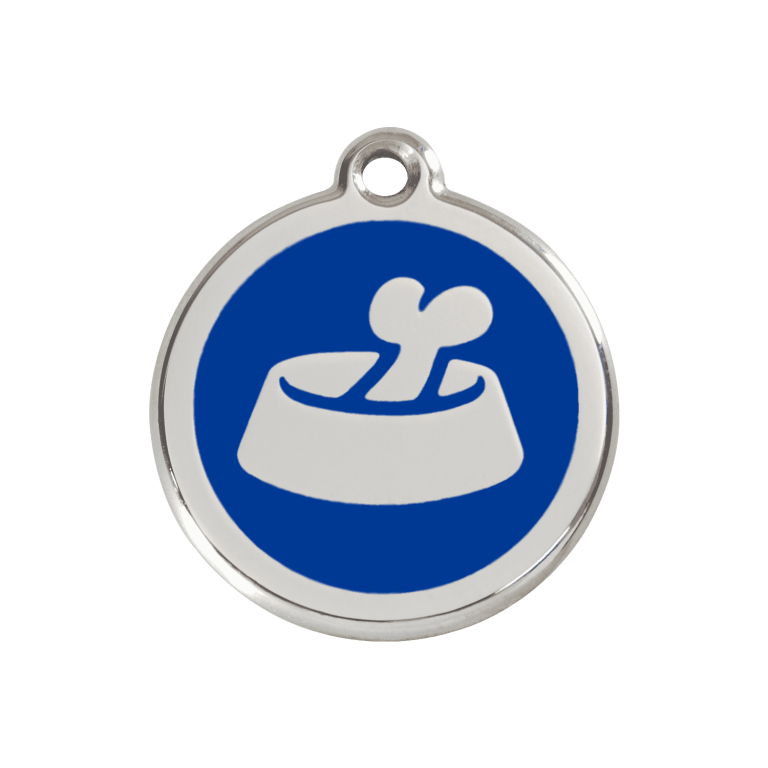 Vue avant - Médaille personnalisée en émail et acier inoxydable pour chien ou chat - Os dans un bol - Bleu foncé - Größe M