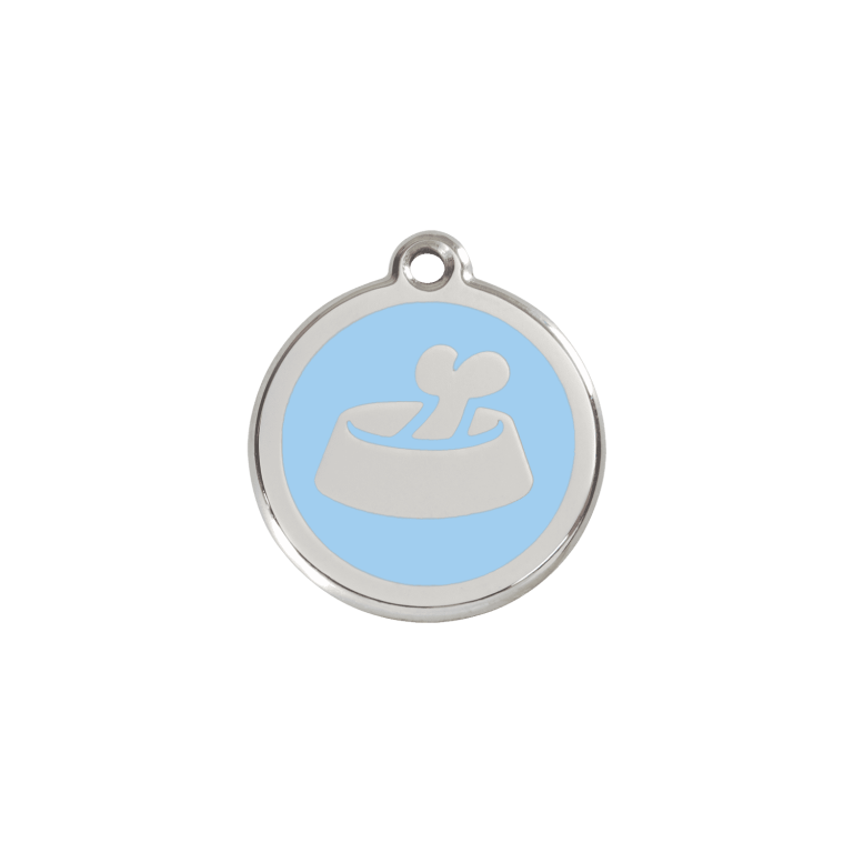 Vue avant - Médaille personnalisable pour chien/chat Red Dingo Émail/Acier inoxydable Os dans un bol Bleu clair - Größe S