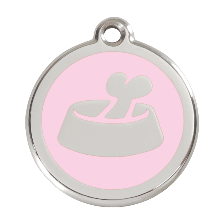 Vue avant - Médaille personnalisée pour chien Red Dingo Émail et acier inoxydable - Os rose - Größe L - 01-BB-PK-LG