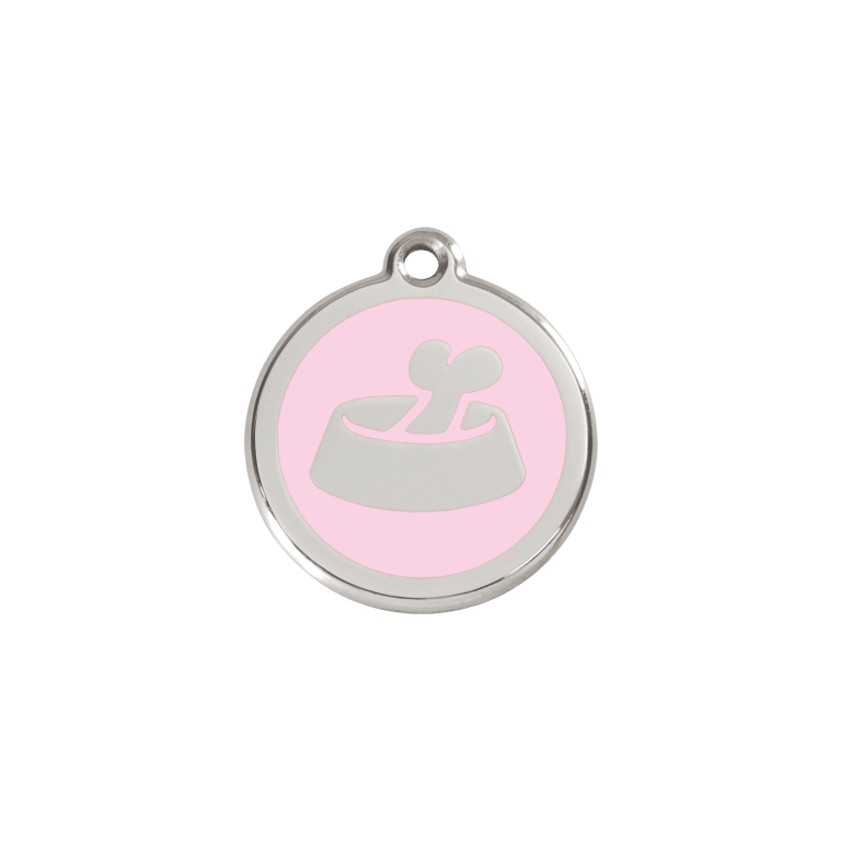 Vue avant - Médaille personnalisable pour chat ou petit chien - Red Dingo Émail et acier inoxydable - Os rose - Größe S