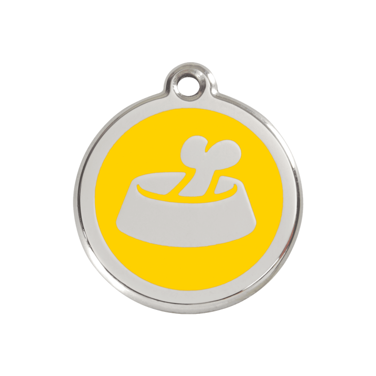 Vue avant - Médaille personnalisable pour chien Red Dingo Émail/Acier Jaune Os 30mm - Réf : 01-BB-YE-ME