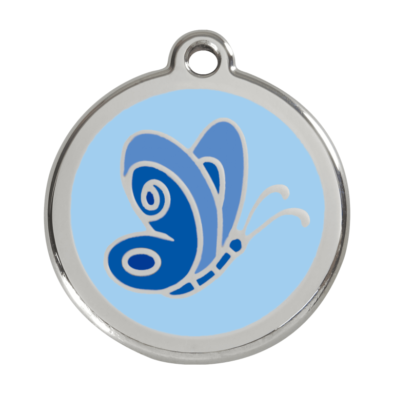 Vue avant - Médaille personnalisée pour chien Red Dingo Émail et acier inoxydable - Motif papillon - Bleu clair - Größe L