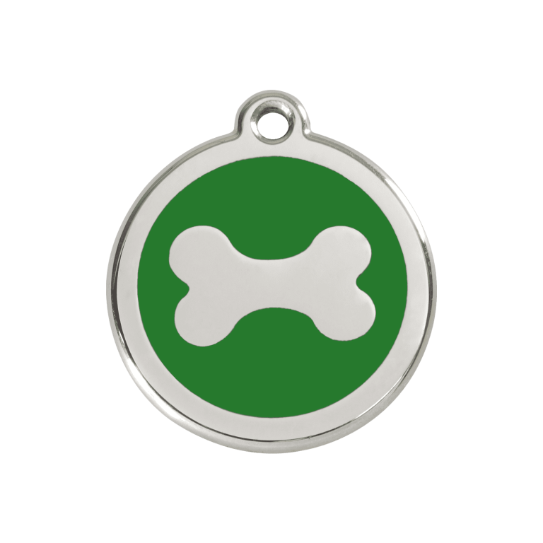 Vue avant - Médaille personnalisée pour chien Red Dingo en émail et acier inoxydable - Motif os vert - Größe M