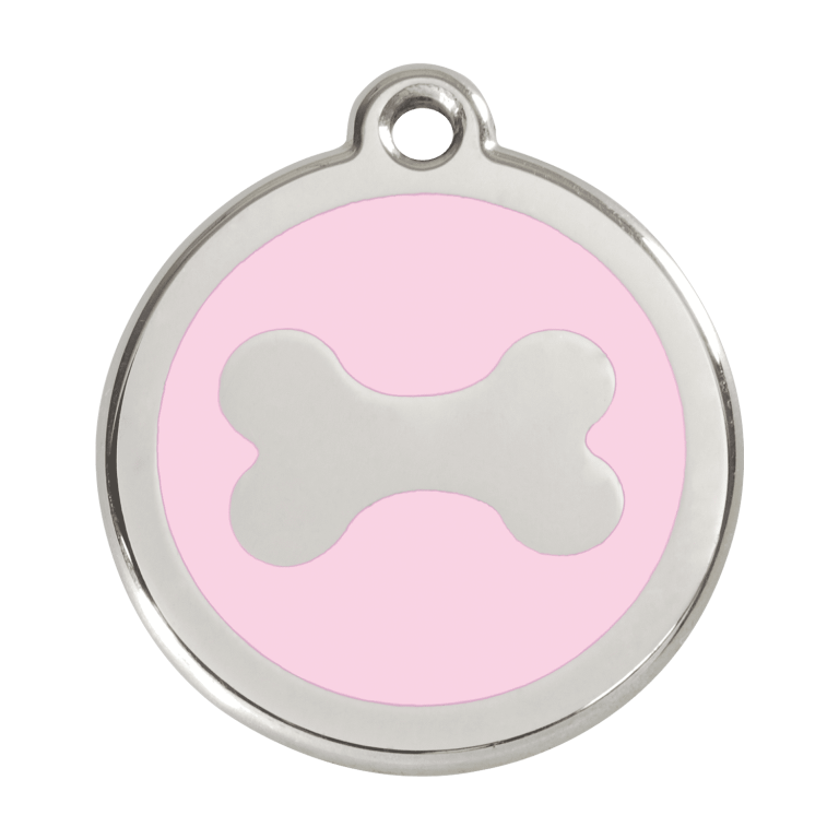 Vue avant - Médaille personnalisée pour chien Red Dingo, motif os rose en émail et acier inoxydable - Größe L