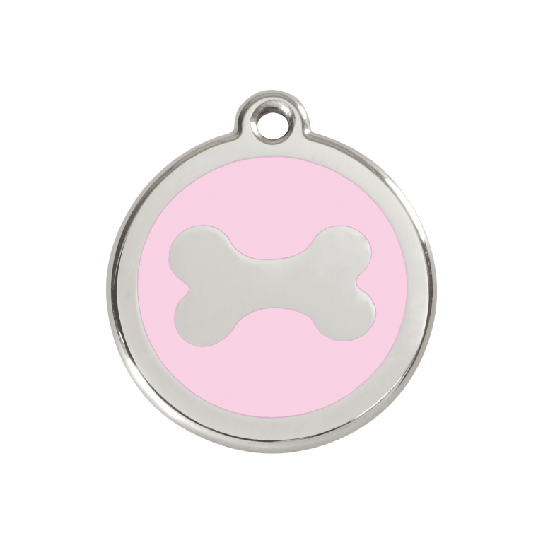 Vue avant - Médaille personnalisée pour chien Red Dingo Émail et acier inoxydable Os Rose M