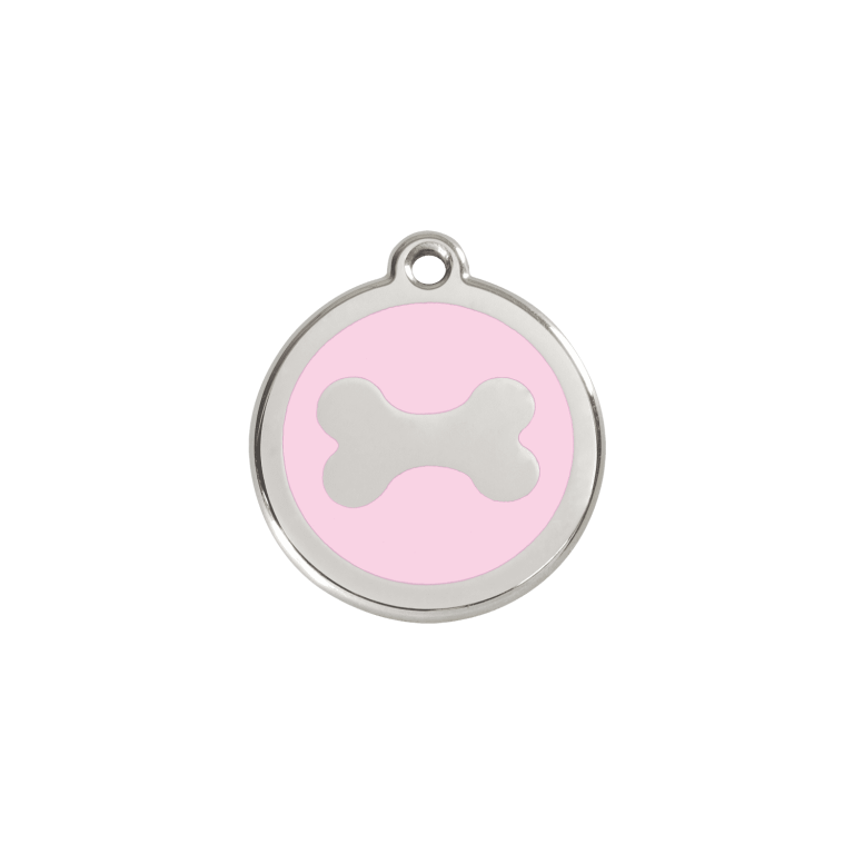 Vue avant - "Médaille personnalisée pour chat en acier inoxydable rose avec motif os - Red Dingo"
