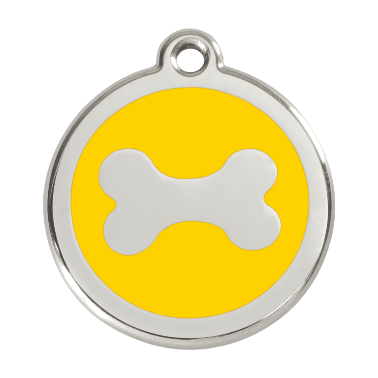Vue avant - Médaille personnalisée pour chien en acier inoxydable jaune Red Dingo - Größe L - Os - 01-BN-YE-LG