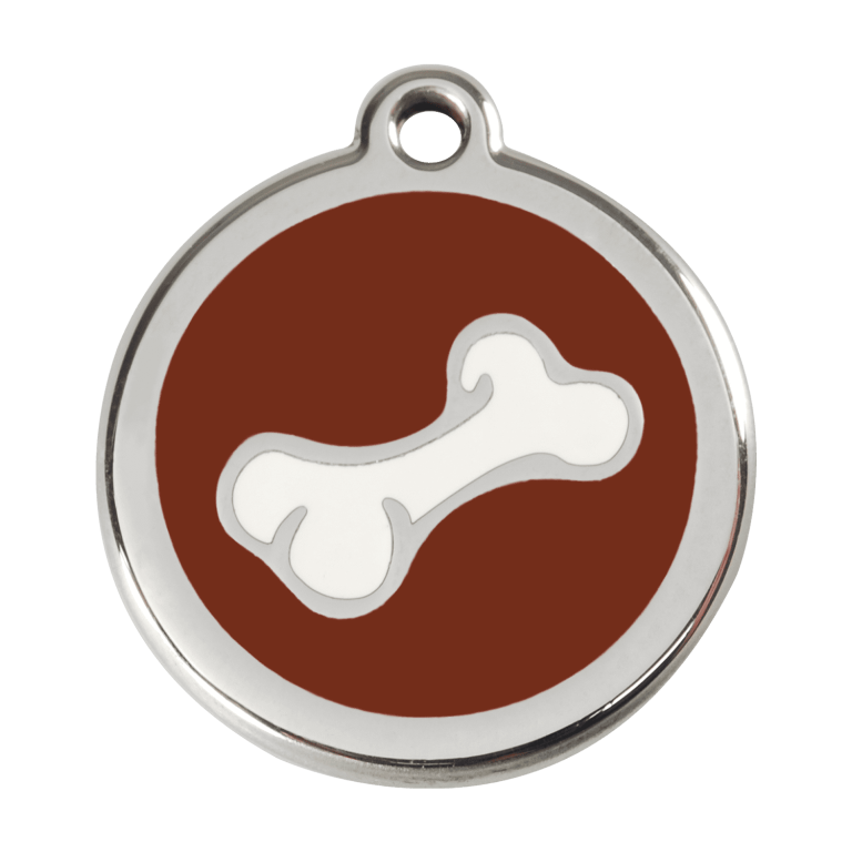 Vue avant - Médaille personnalisée en émail et acier inoxydable pour chien Red Dingo - Os brun - Größe L