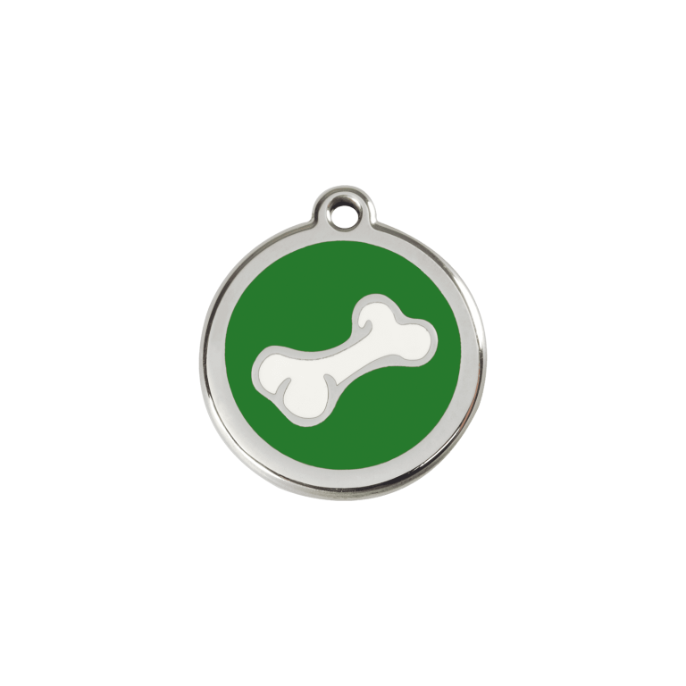 Vue avant - Médaille personnalisée pour chien/chat Red Dingo Émail et acier inoxydable - Os vert - Größe S