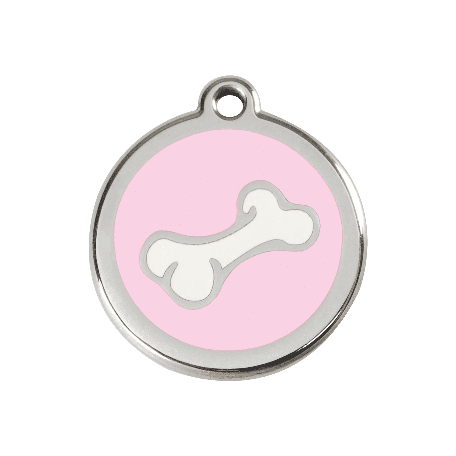 Vue avant - Médaille personnalisée pour chien ou chat - Red Dingo Émail et acier inoxydable - Motif os rose - Größe M