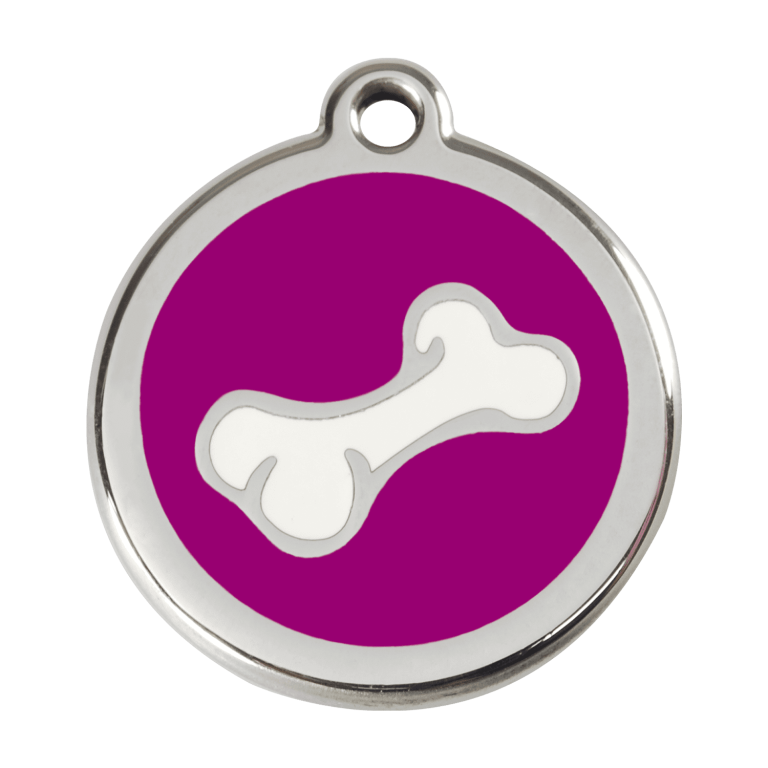 Vue avant - Médaille personnalisée pour chien - Red Dingo Émail et acier inoxydable - Os violet - Größe L