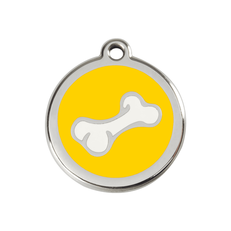 Vue avant - Médaille personnalisée pour chien ou chat - Red Dingo Émail et acier inoxydable - Motif os jaune - Größe M