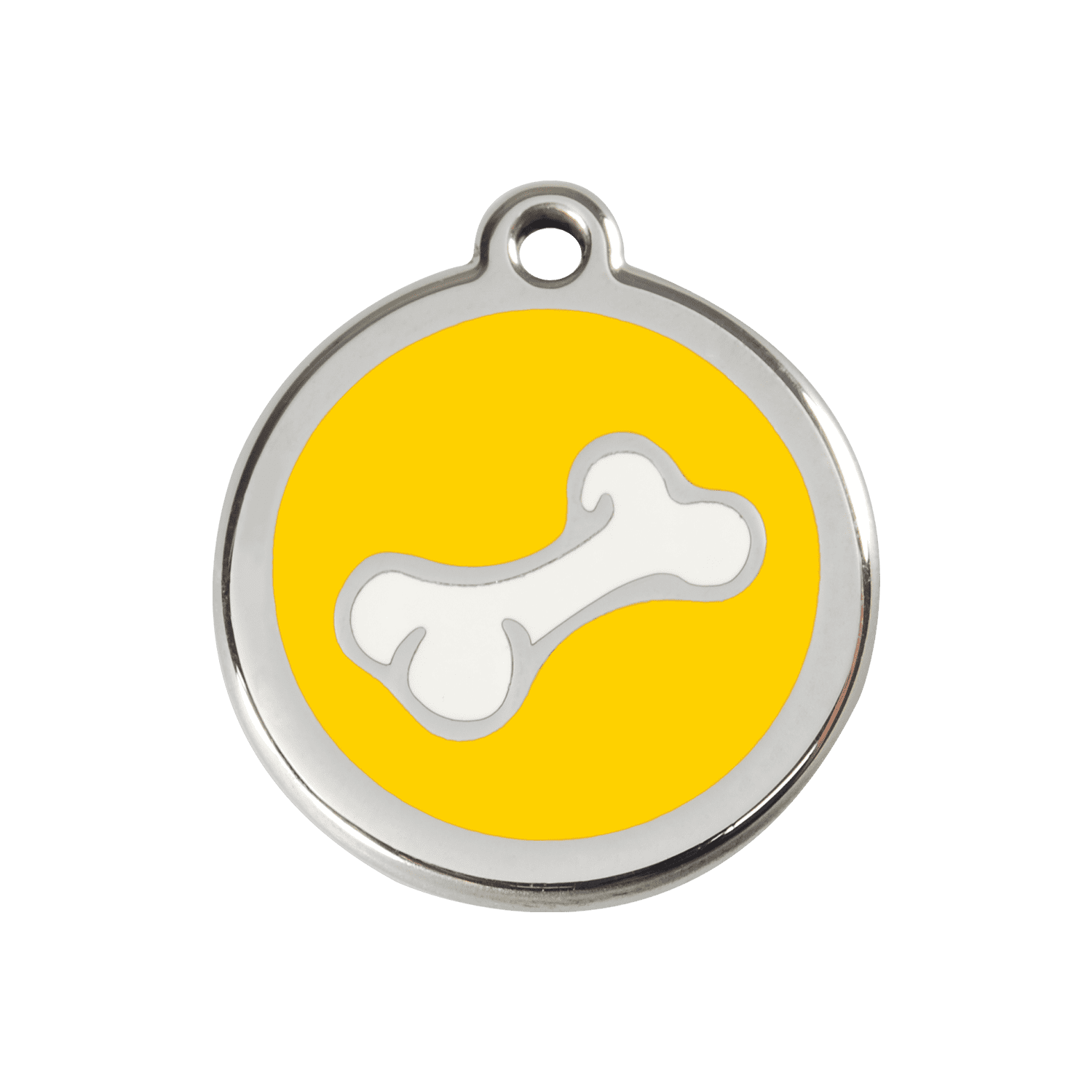 Vue avant - Médaille personnalisée pour chien ou chat - Red Dingo Émail et acier inoxydable - Motif os jaune - Größe M