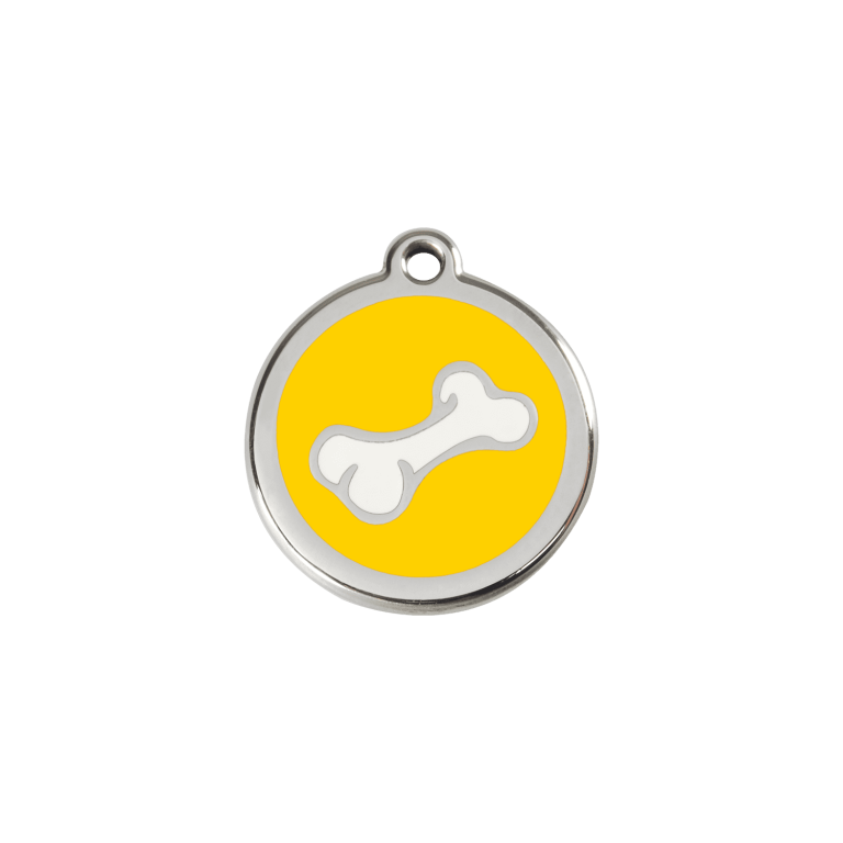 Vue avant - Médaille personnalisée pour chien/chat Red Dingo Os jaune émail/acier inoxydable 20mm - 01-BO-YE-SM