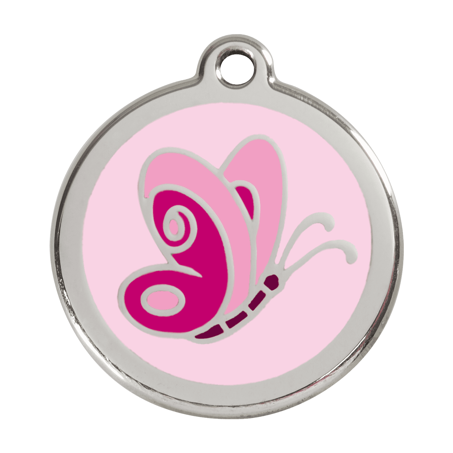 Vue avant - Médaille personnalisée pour chien - Red Dingo Émail et acier inoxydable - Motif Papillon - Rose - Größe L