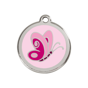 Hundemarke Rosa Schmetterling aus Emaille und Edelstahl Größe M