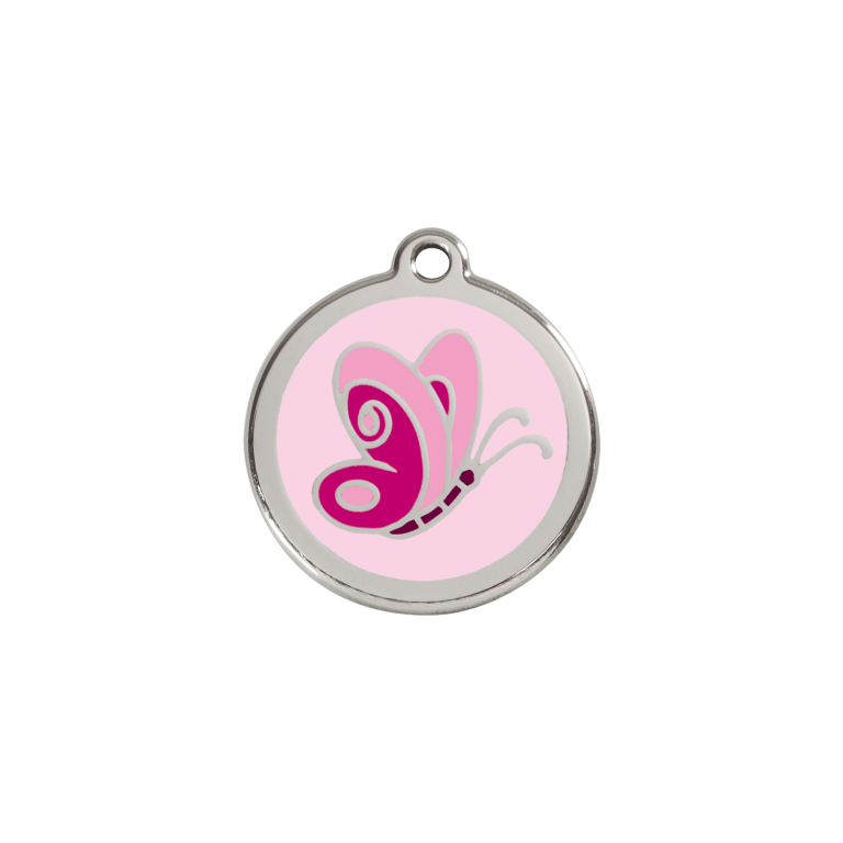 Vue avant - Médaille personnalisée pour chien/chat Red Dingo Émail et acier inoxydable Papillon Rose S 20.00 7G